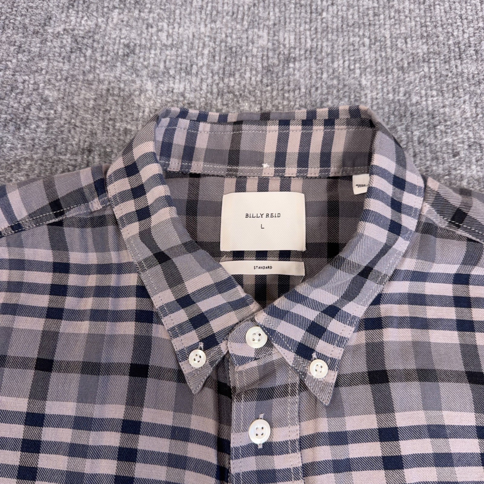 Billy Reid Shirt Men Large Gray Tan Plaid Cotton Standard Fit Casual Button Down