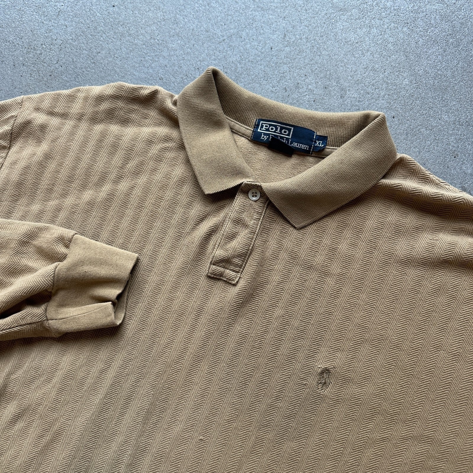 Vintage Polo Ralph Lauren Beige Herringbone Textured Pattern Long Sleeve Polo XL