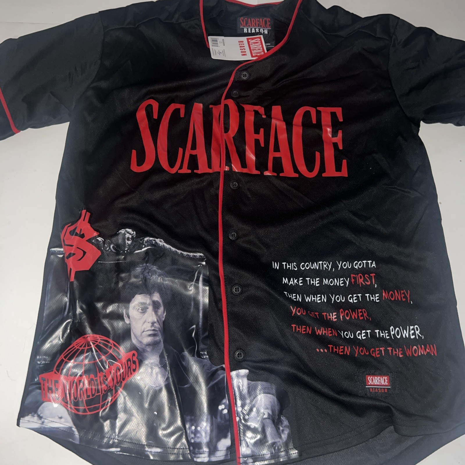 Reason Brand X Scarface Tony Montana Baseball Jersey Men’s Sz S-XL Black