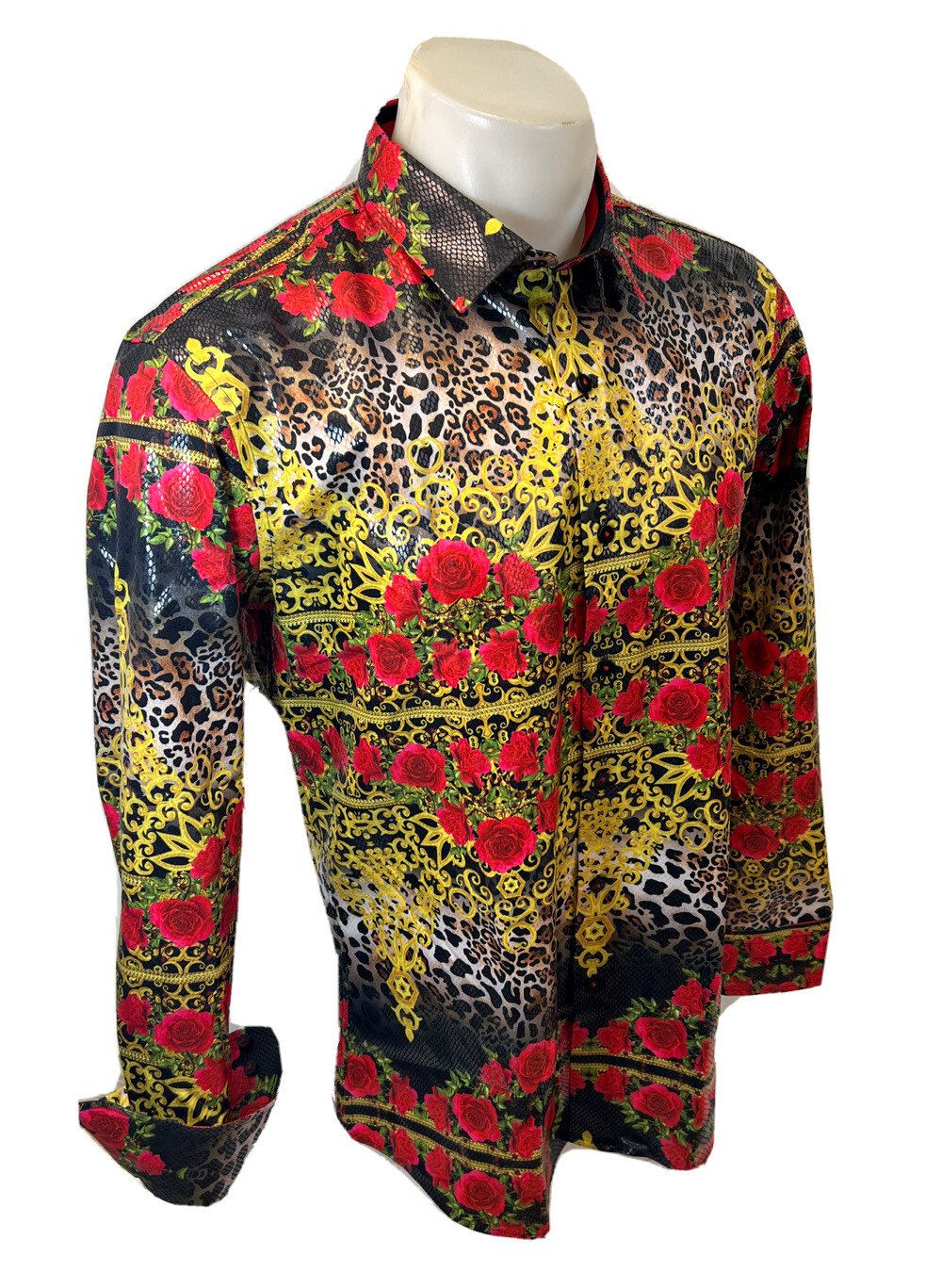 Button Down SHIRTS MEN BAROQUE LONG SLEEVE BLACK LEOPARD ROSES SNAKESKIN VS127