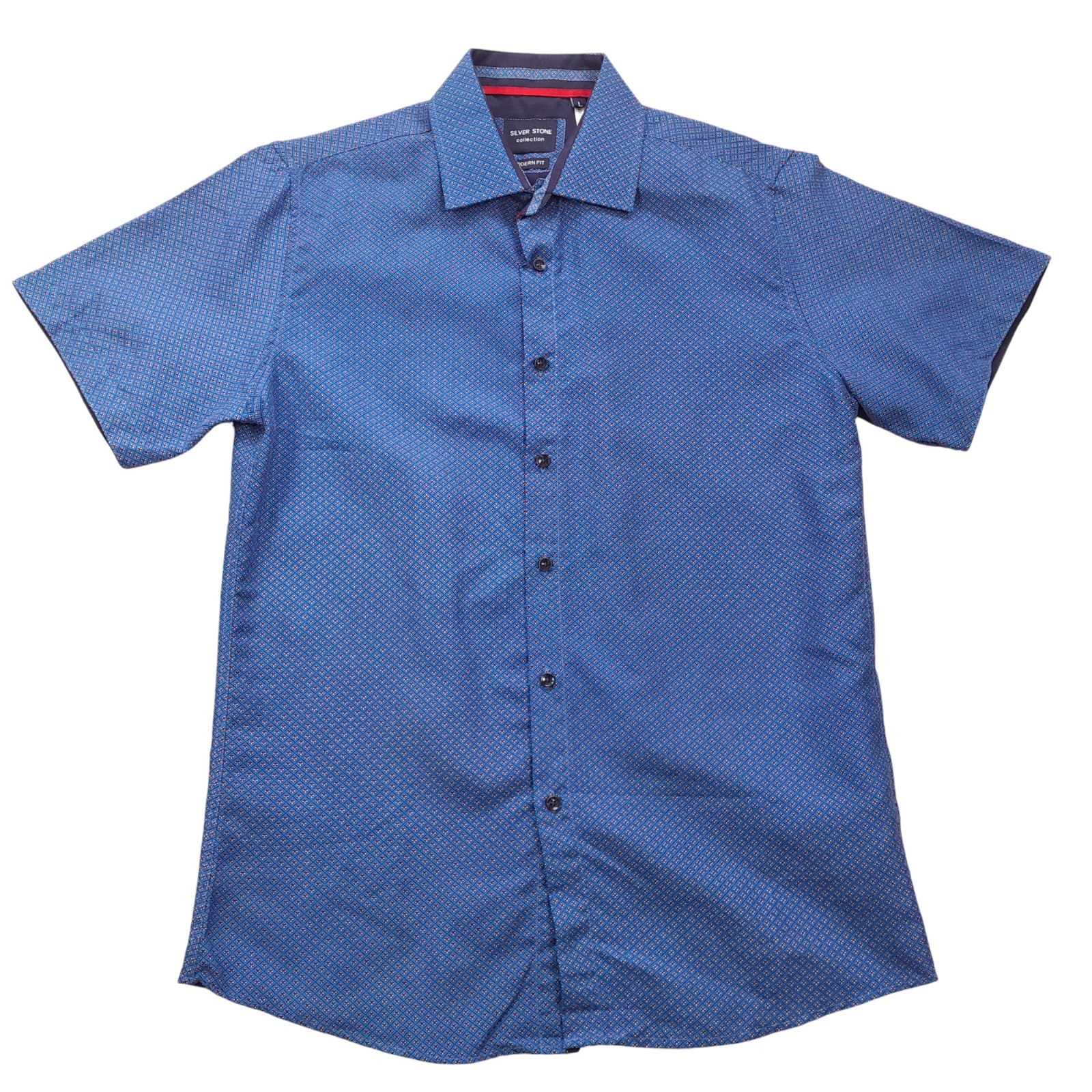 Silver Stone button shirt Men(C42)blue+ mini checks/short sleeves/cutaway collar