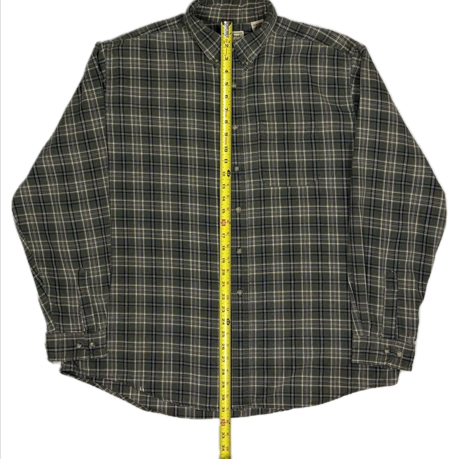 LL Bean OMT30 Made in Canada 100% cotton khaki green plaid Flannel Shirt Mens XL