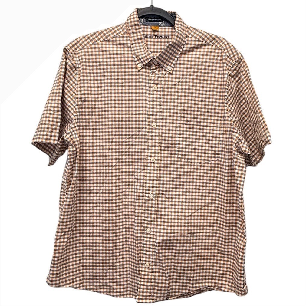Tailor Vintage Mens Short Sleeve Gingham Performance Shirt Orange Blue XL Preppy