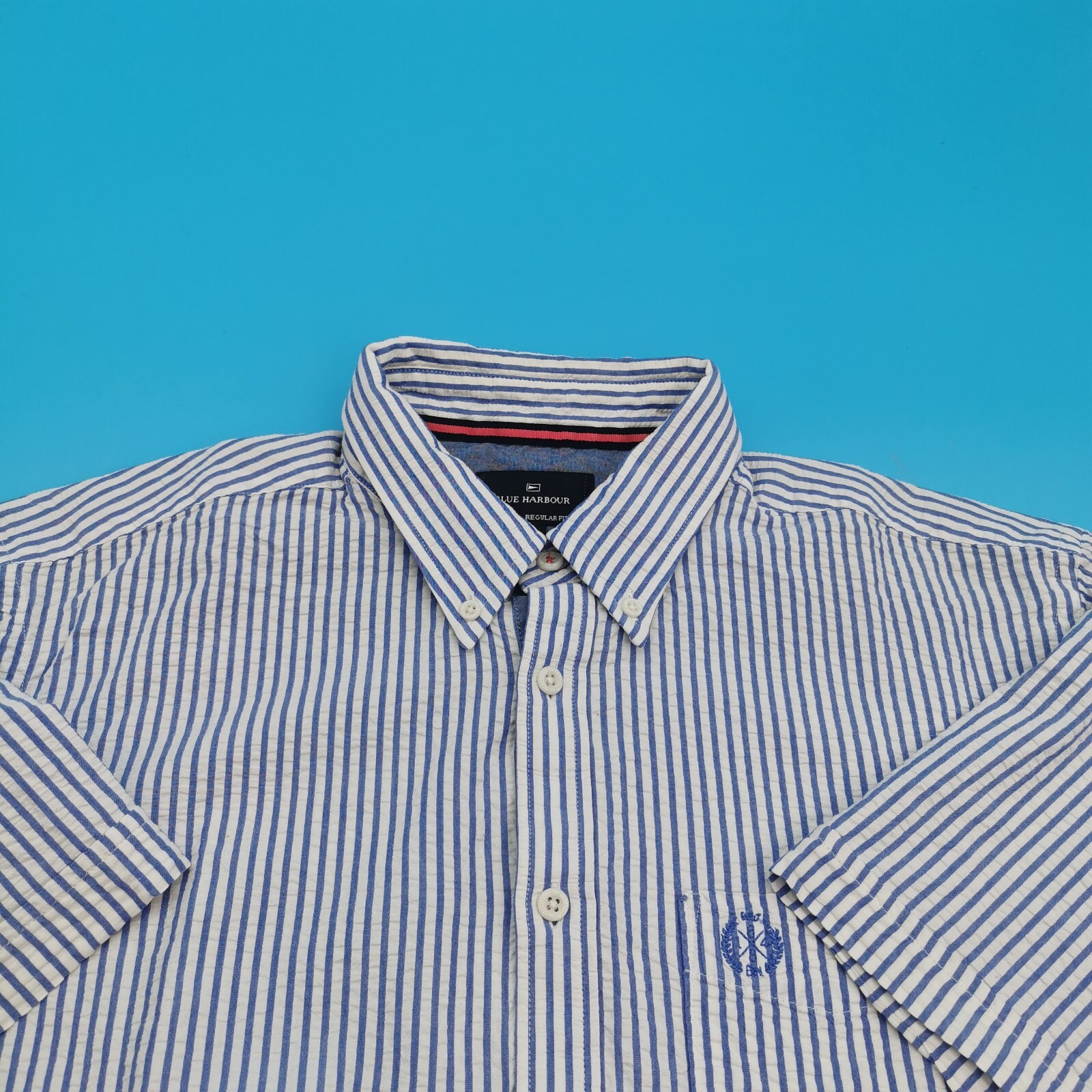 Blue Harbour Men Large Super Soft Cotton Regular Fit Blue White Stripe Shirt
