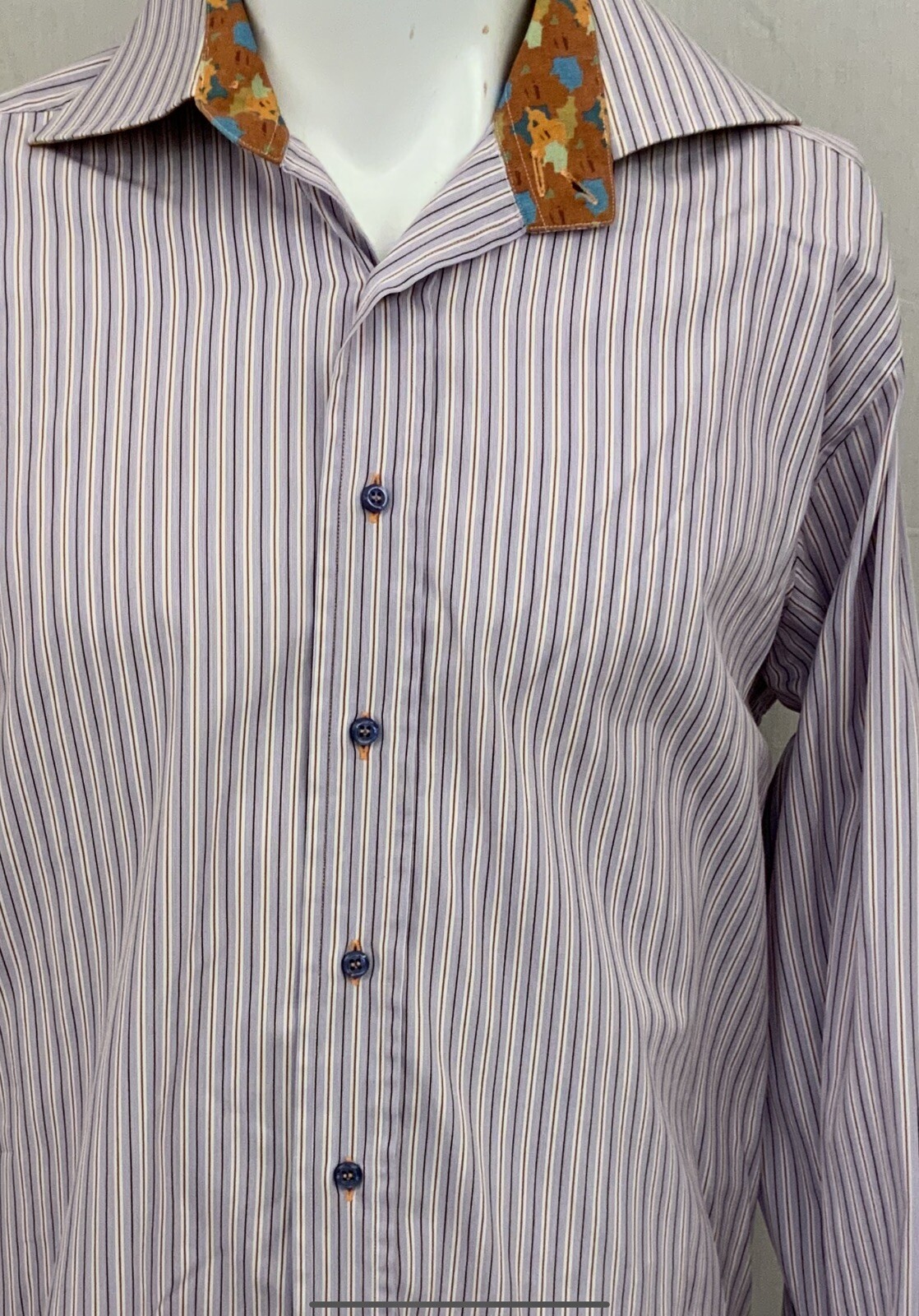 Niformis Flip Cuff Shirt 16 35 Purple Stripe 100% Cotton Floral Italy YGI Q1-88