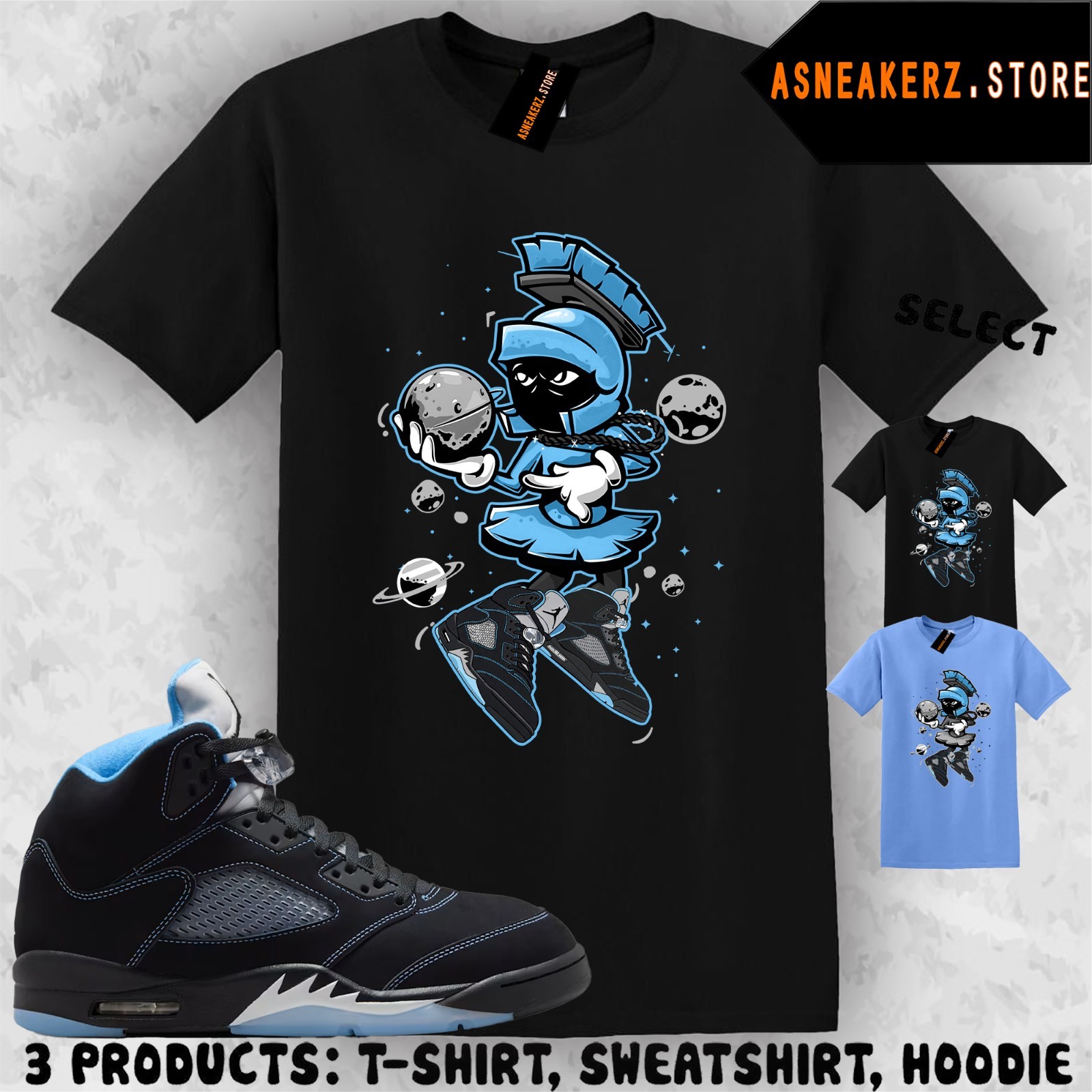 Tee Shirt Matching AJ 5 Black UNC Blue 2026 To Match Sneaker Sneakerhead Martian