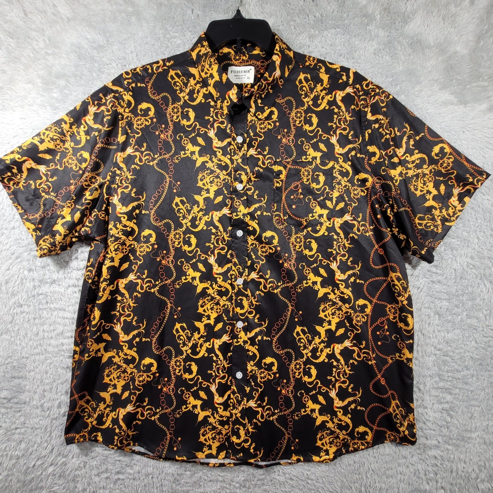 FOHEMR Mens Black Gold Chain Print Short Sleeve Button Up Shirt XL