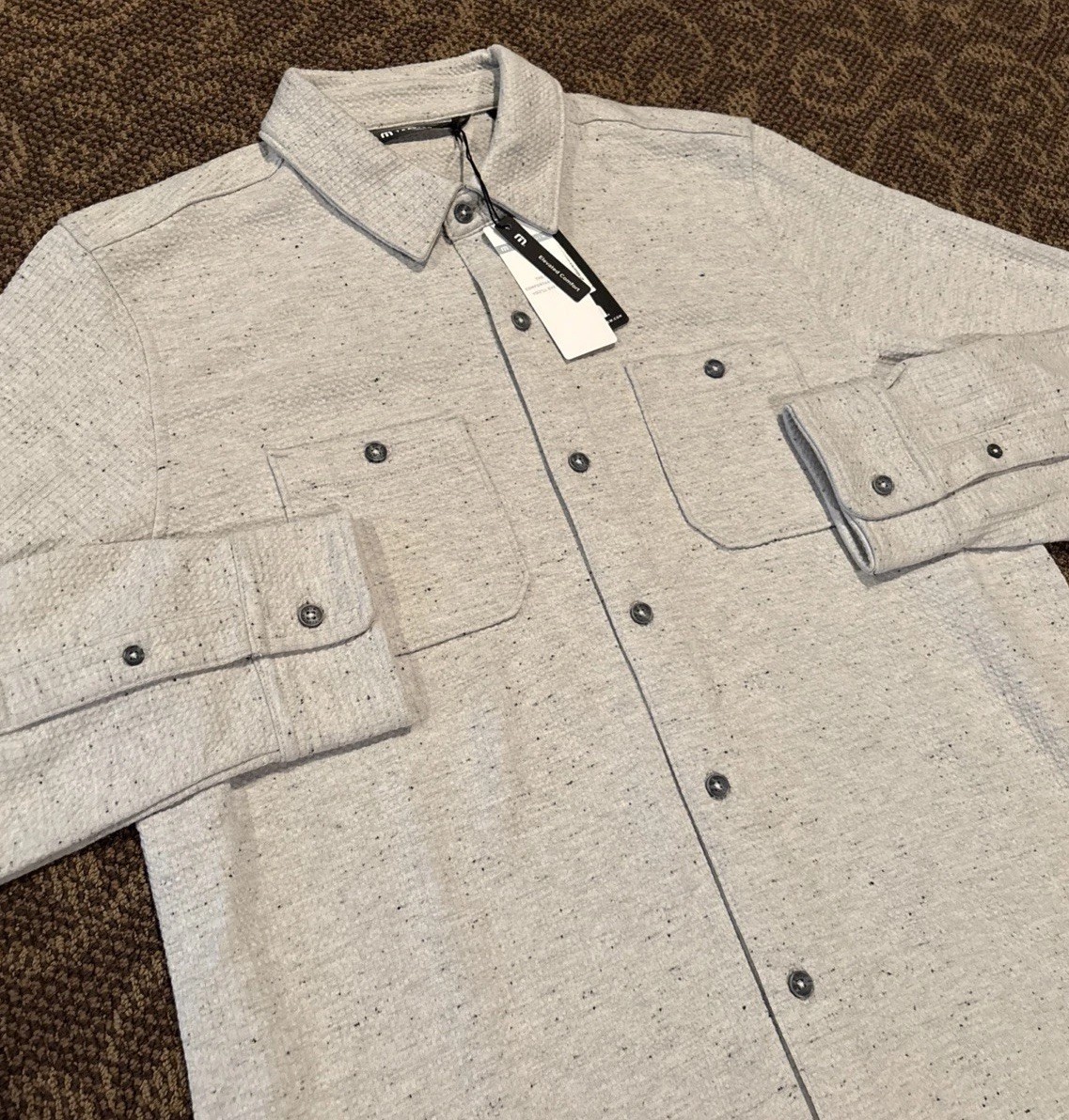 Men’s Travis Mathew Cloud Waffle Button Up Shirt Size Medium Heather Light Grey
