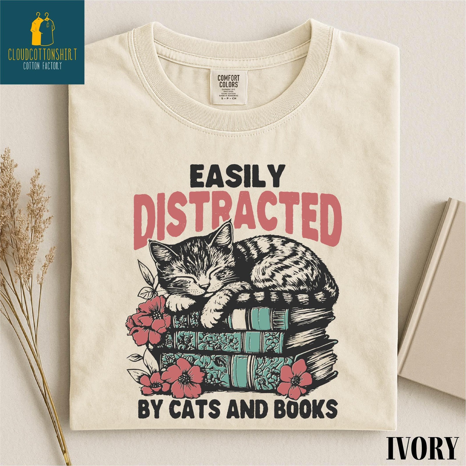 Easily Distracted By Cats And Books Shirt Cat Mom T-Shirt Book Lover Gift