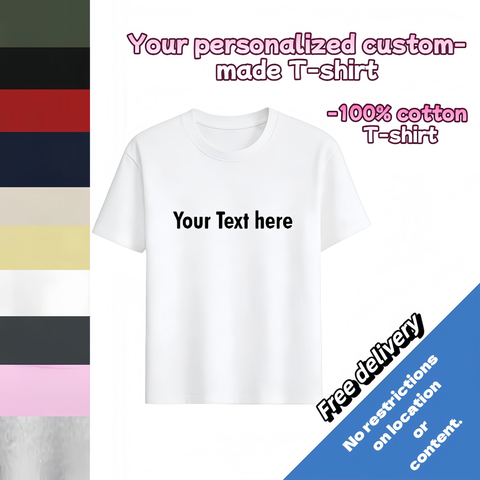 Customized text design, printed on personalized T-shirts.Design and print by you
