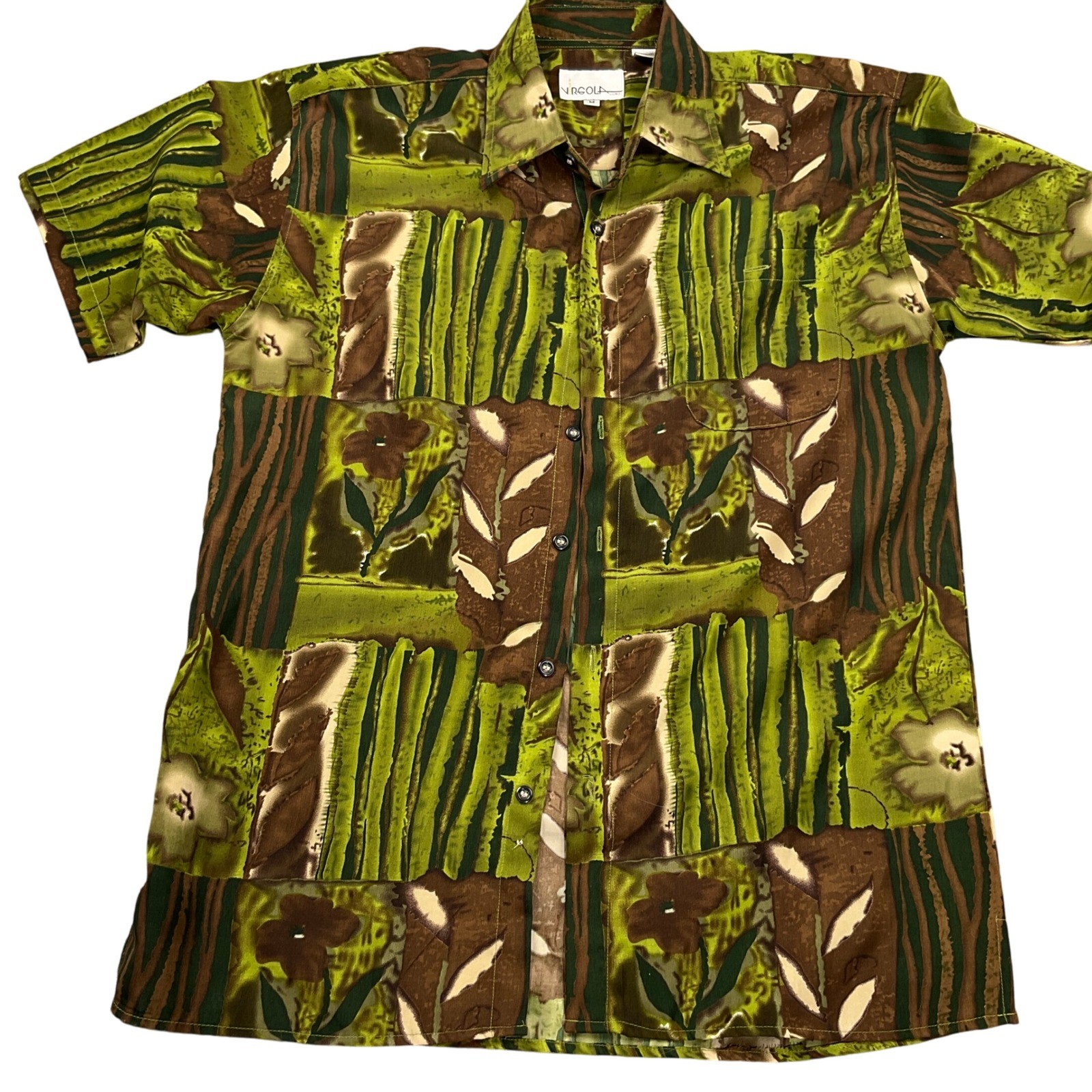 VIRGOLA Uomo Shirt Mens Mediun Green Brown Abstract Statement Party Resortwear