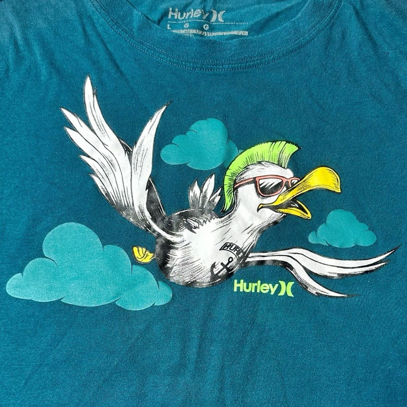 Hurley Mens Bird Mohawk Graphic T Shirt Teal Blue Large