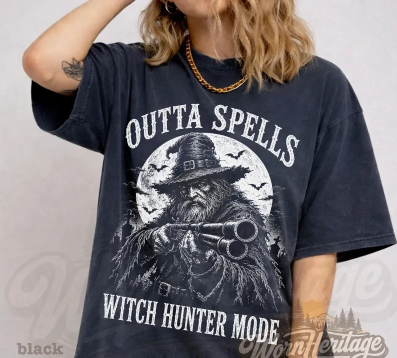 Outta Spells Witch Hunter Mode Shirt, Halloween Wizard Gun Graphic Tee