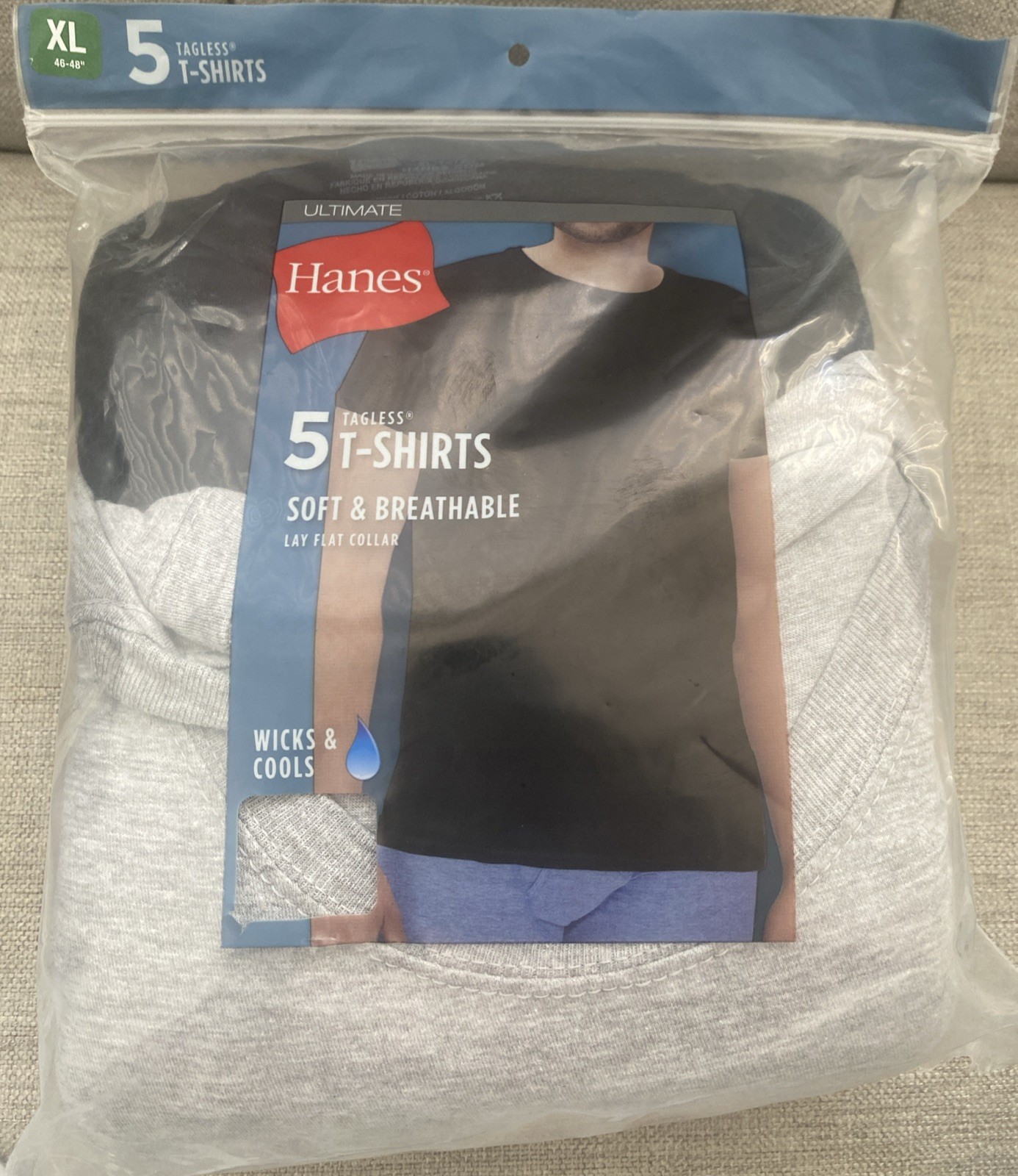 Hanes 5 pack Mens Cotton Crewneck T Shirts . Black, Gray XL 46-48
