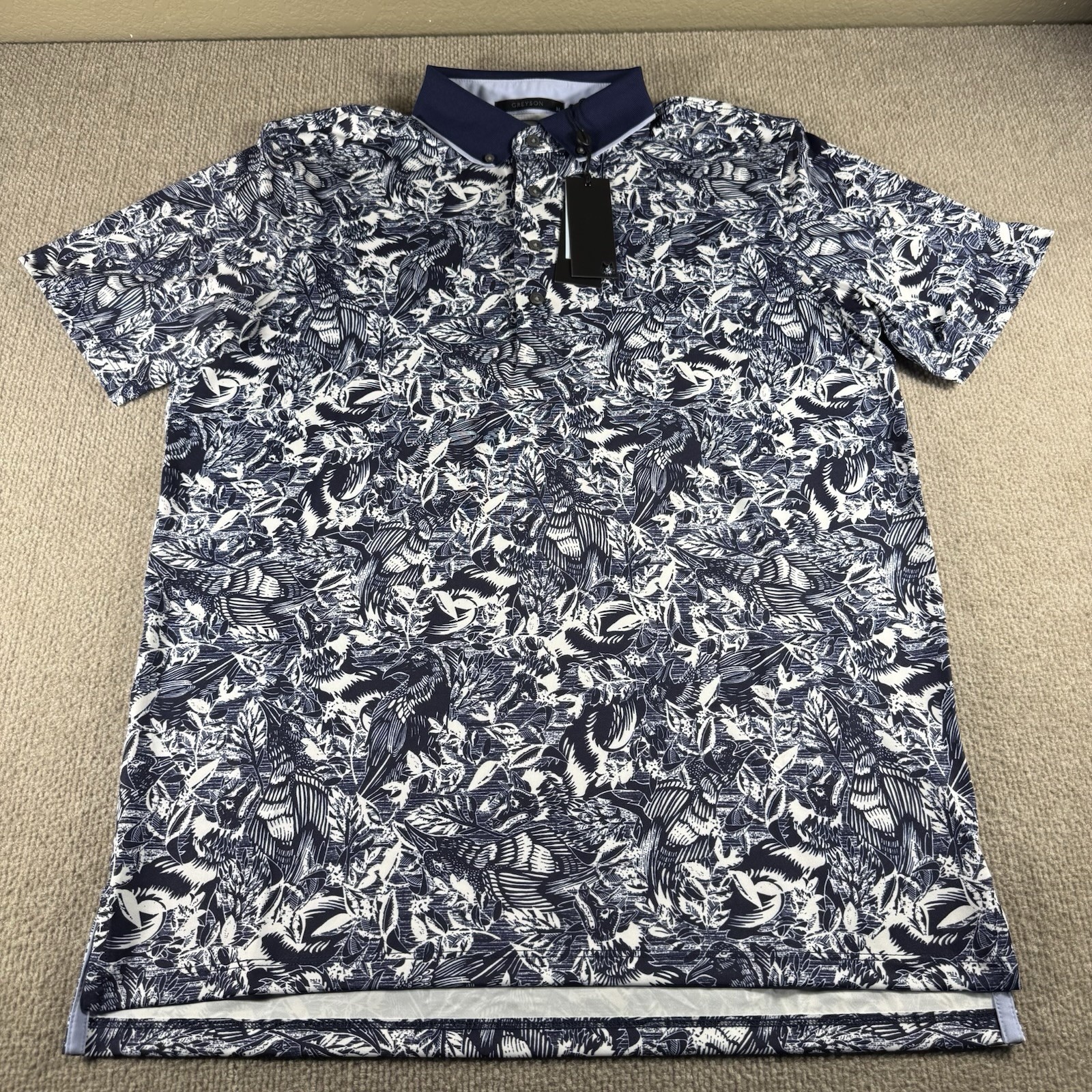 Greyson Golf Shirt Polo Sleeve Logo Stamped Print Medium Maltese Blue MSRP $118