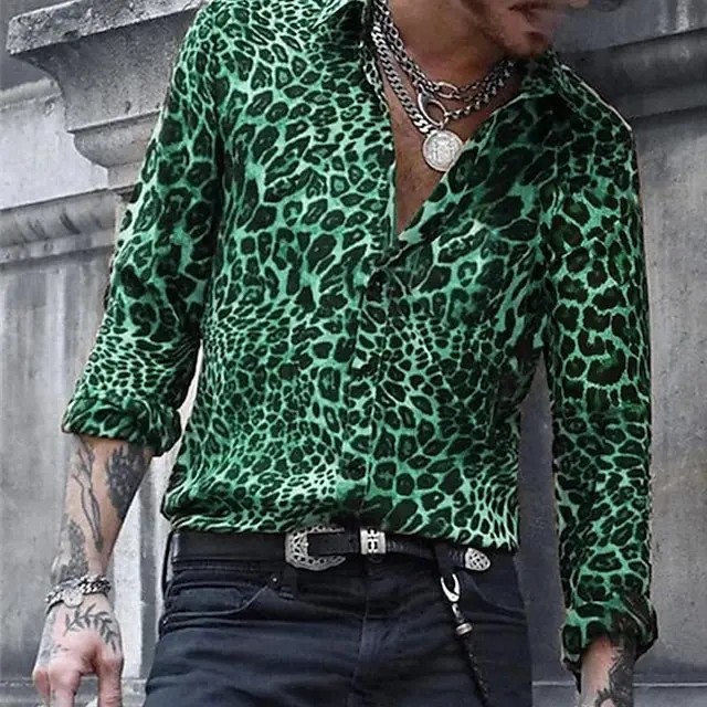 Men Fashion Button Tops Mens Down Vacation Casual Leopard Print Tunic Shirt