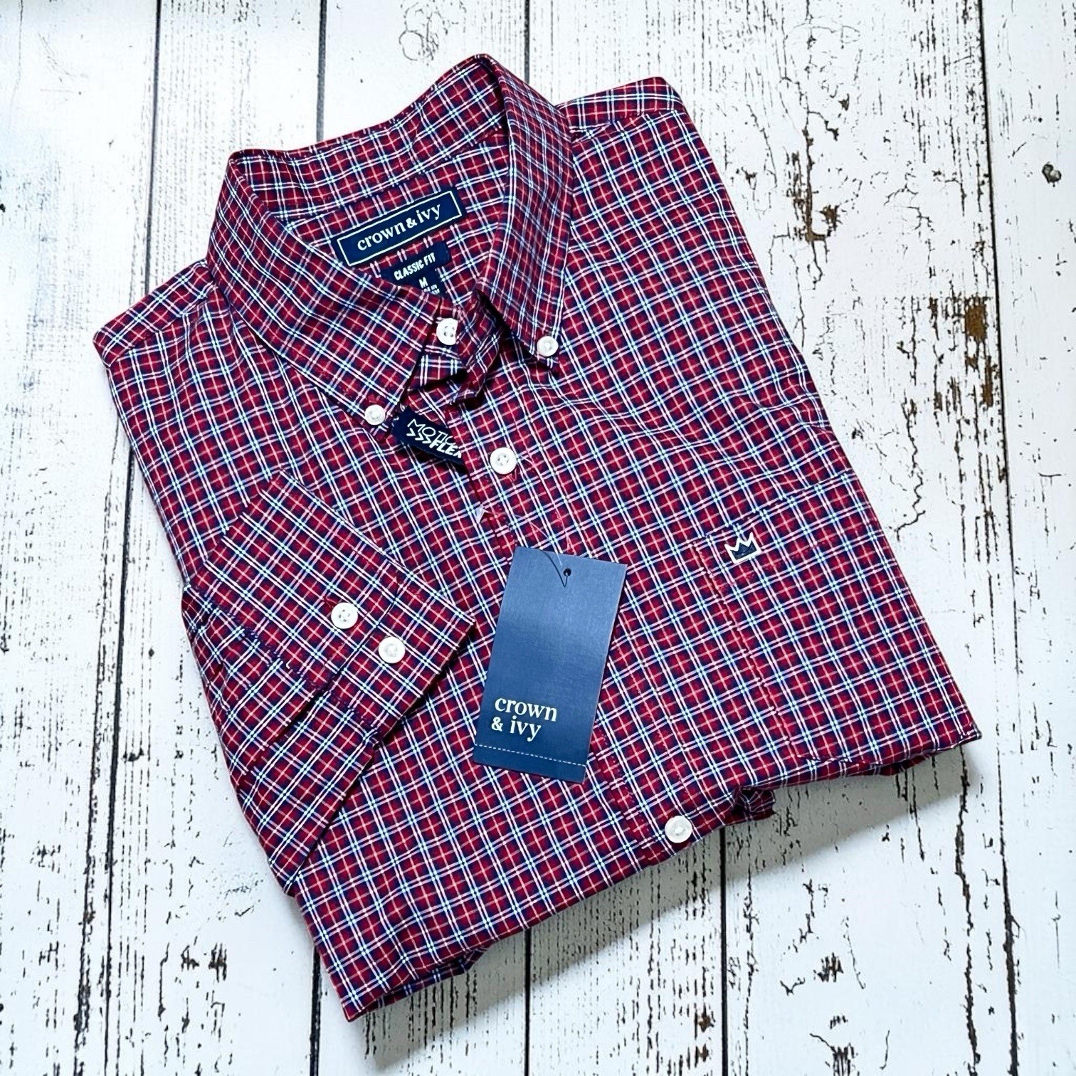 Crown & Ivy Classic Fit Red Mini Tattersall Check Shirt M Flex Button Up Preppy