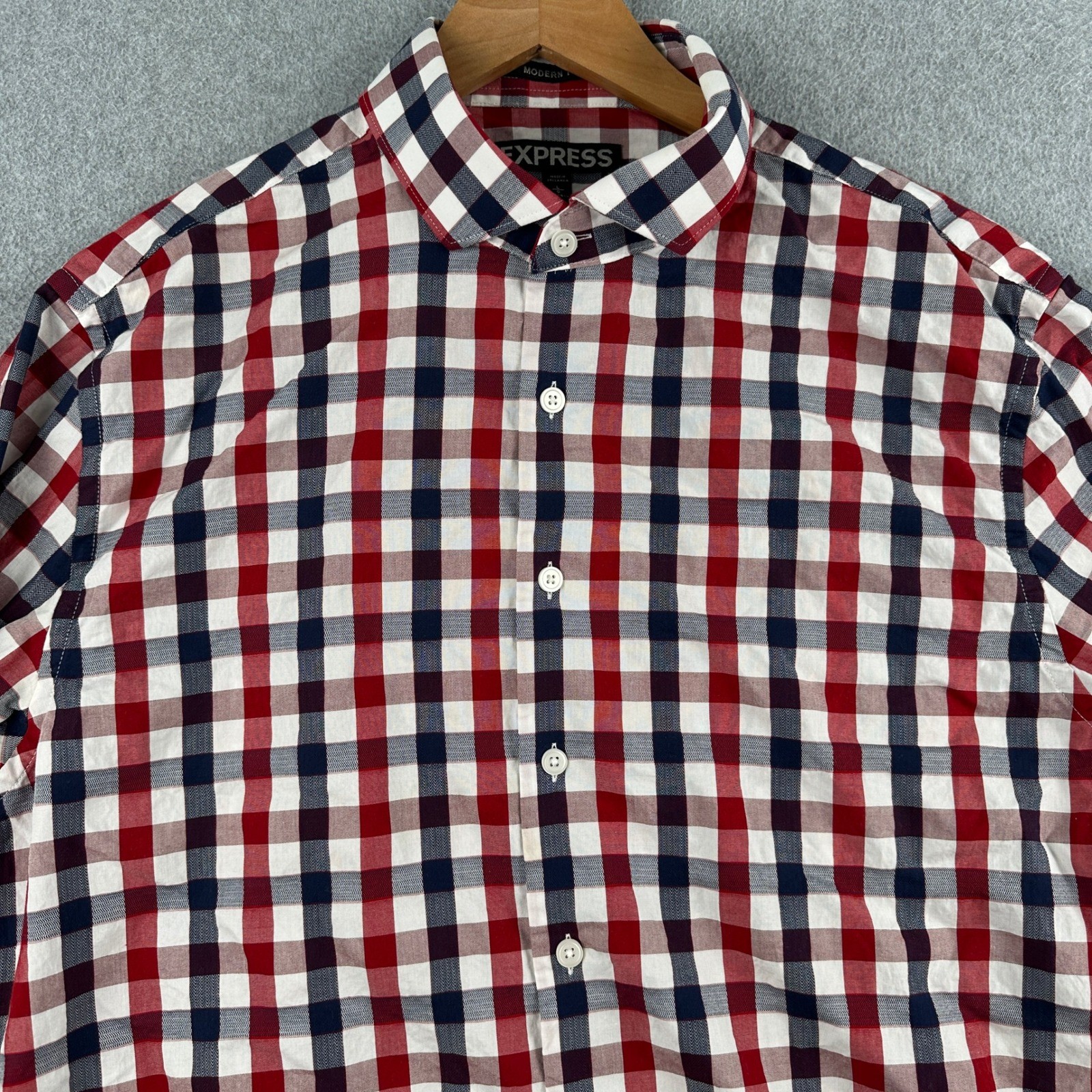 Express Button Up Mens L Red Gingham Modern Fit Plaid Long Sleeve Shirt