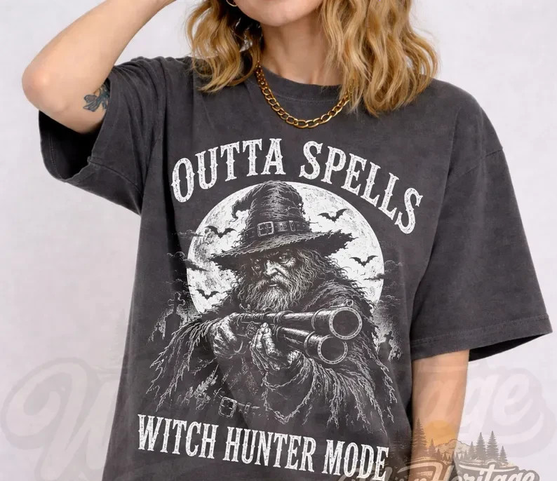 Outta Spells Witch Hunter Mode Shirt, Halloween Wizard Gun Graphic Tee