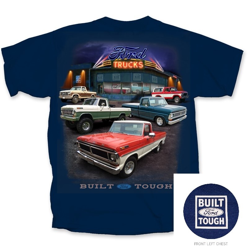 Ford Truck T-Shirt – Navy Blue “Built Ford Tough” Vintage Dealer Scene
