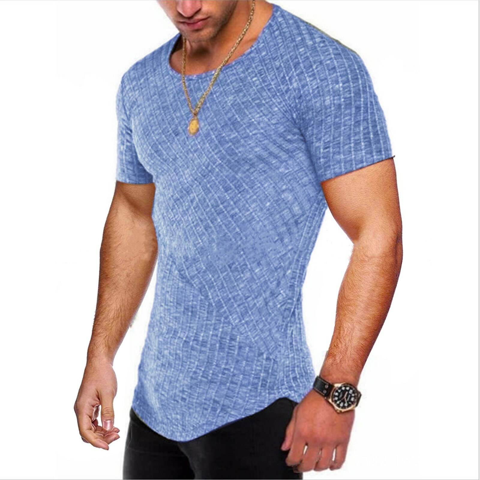 Men Casual Round Neck Top Training Muscle Fitness Active T-Shirt Slim Fit Tee