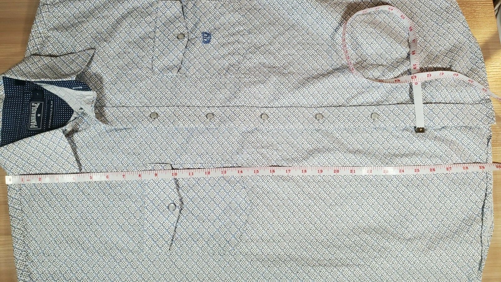 Panhandle Slim Western Shirt Size L Pearl Snap Short Sleeve White Blue EUC