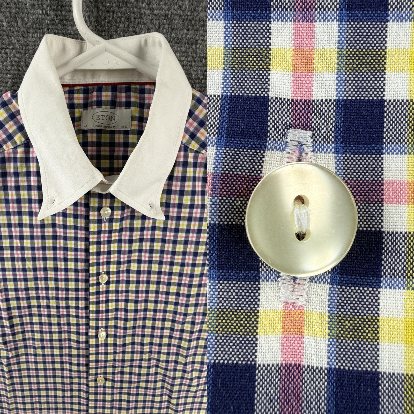 Eton Blue Yellow Check Contrast Collar 15.75 Contemporary Cotton Shirt Button Up