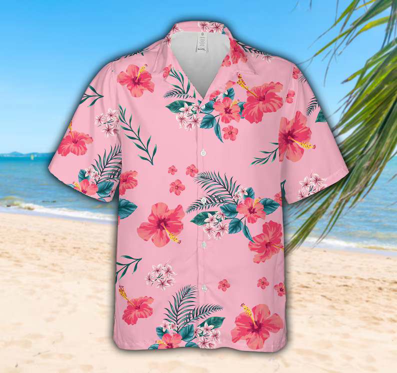 Hibiscus Flowers Pink Hawaiian Shirt, Floral Summer Beach Aloha Shirt For Men