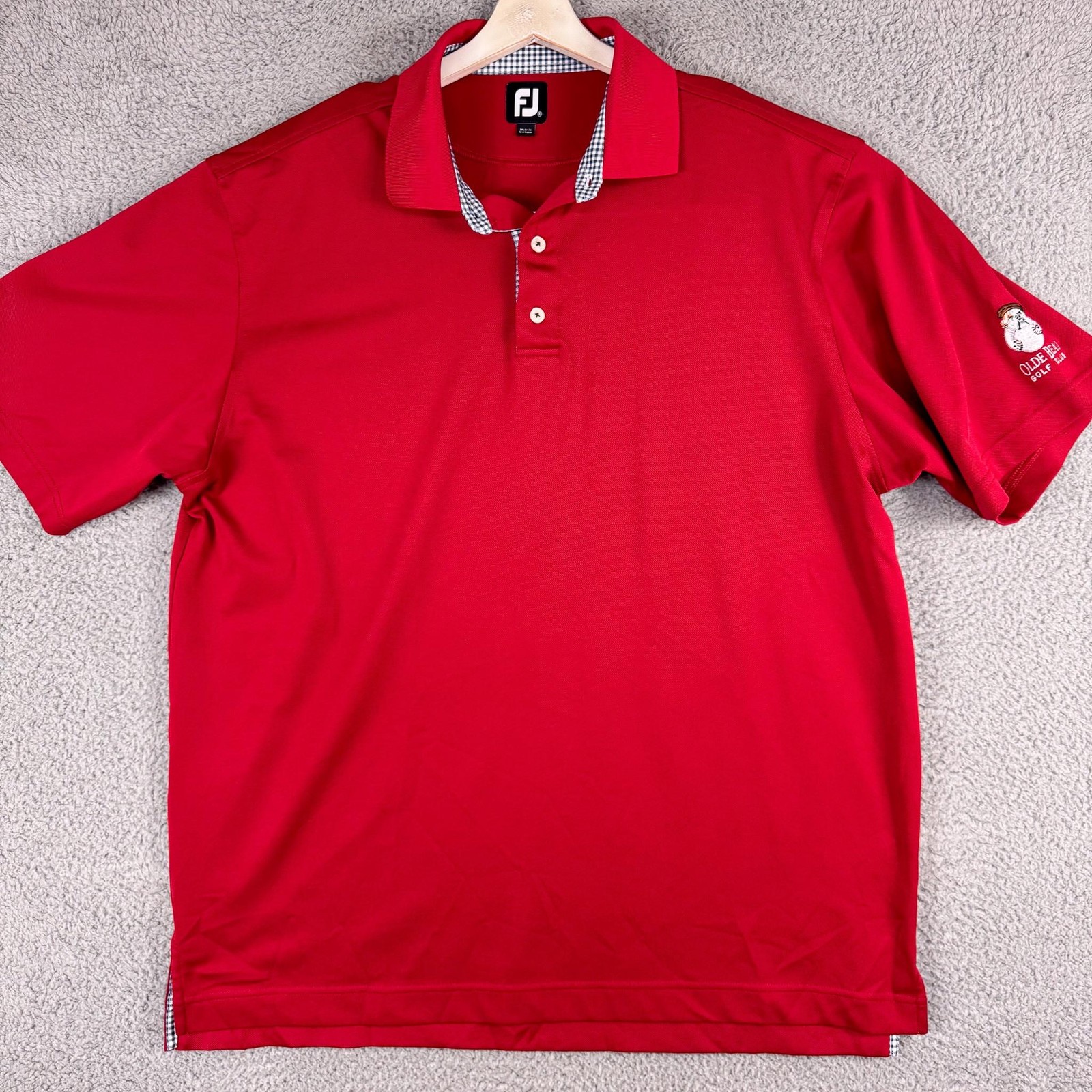 FootJoy Polo Shirt Mens XL Red Gingham Trim Olde Beau Golf Club Embroidered