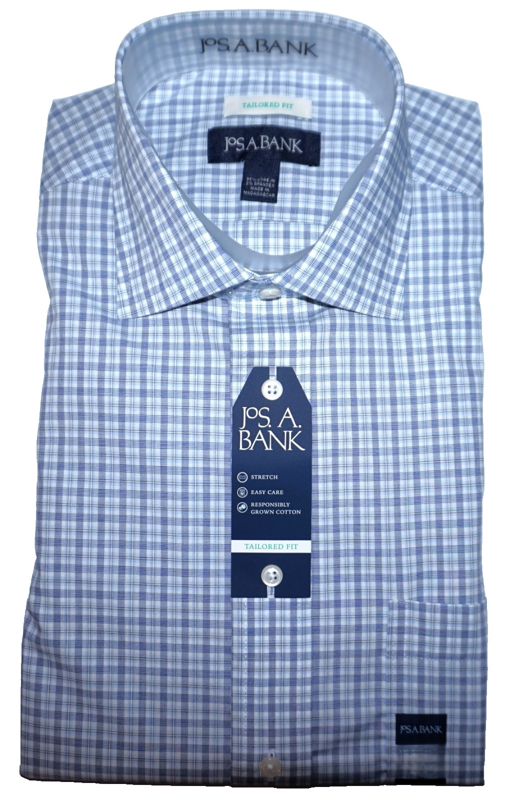 Jos A Bank Dress Shirt 16.5 – 34/35 Tailored Fit Navy Blue Check Stretch NWT #EA