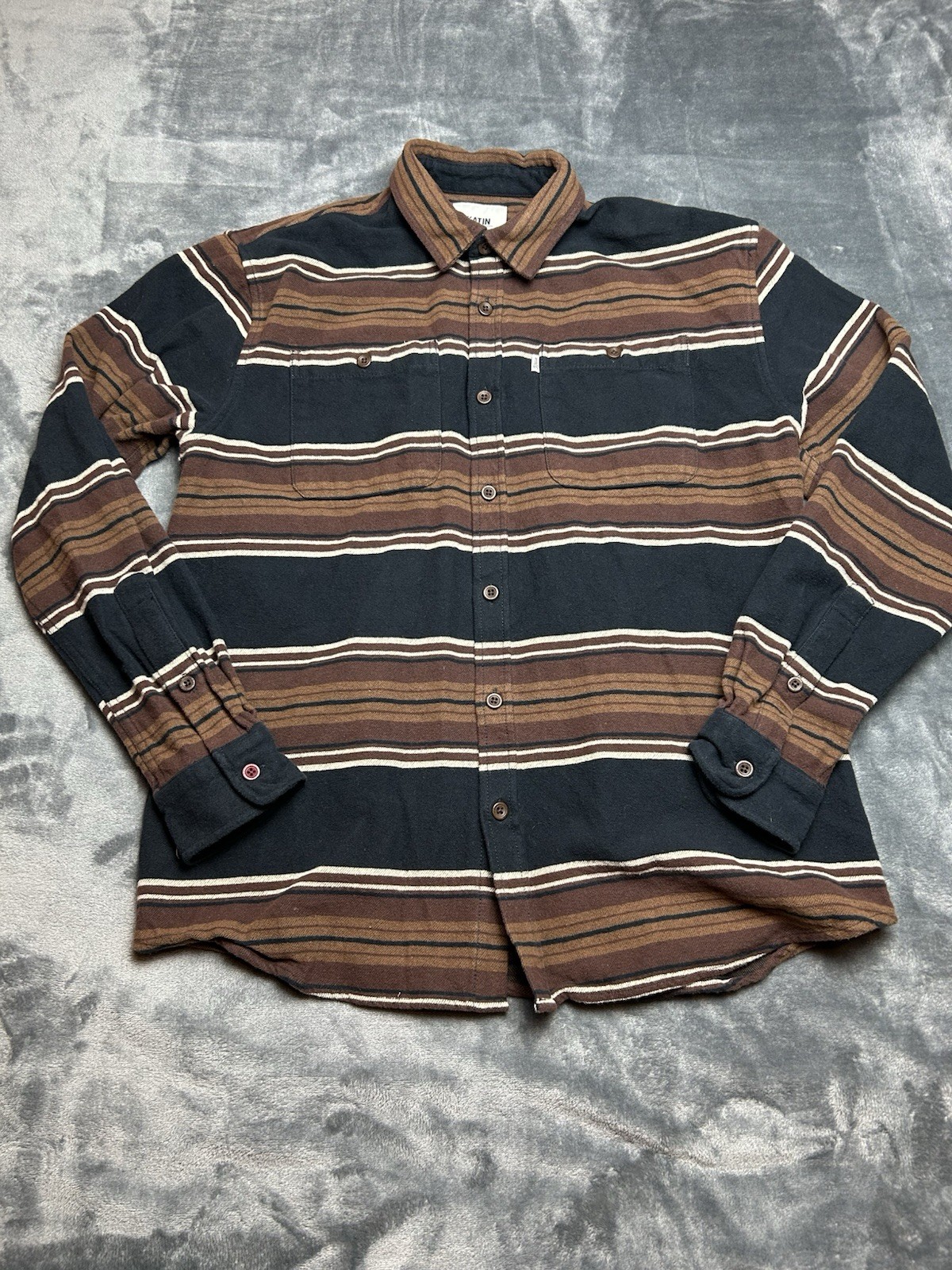 Katin Shirt Men Small Wide Stripe Brown Black Button Up Flannel Surfing Cotton