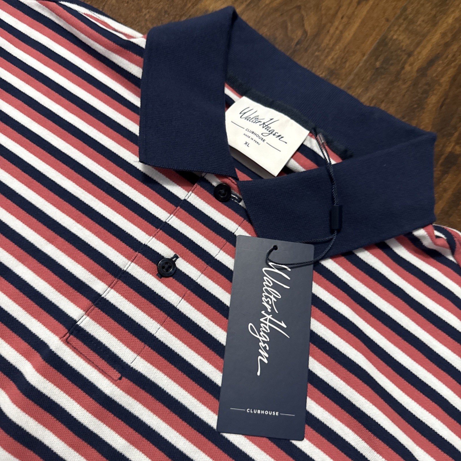 NWT Walter Hagen Clubhouse Stripe Pique Polo Stripe Pink Navy Men’s XL. X1