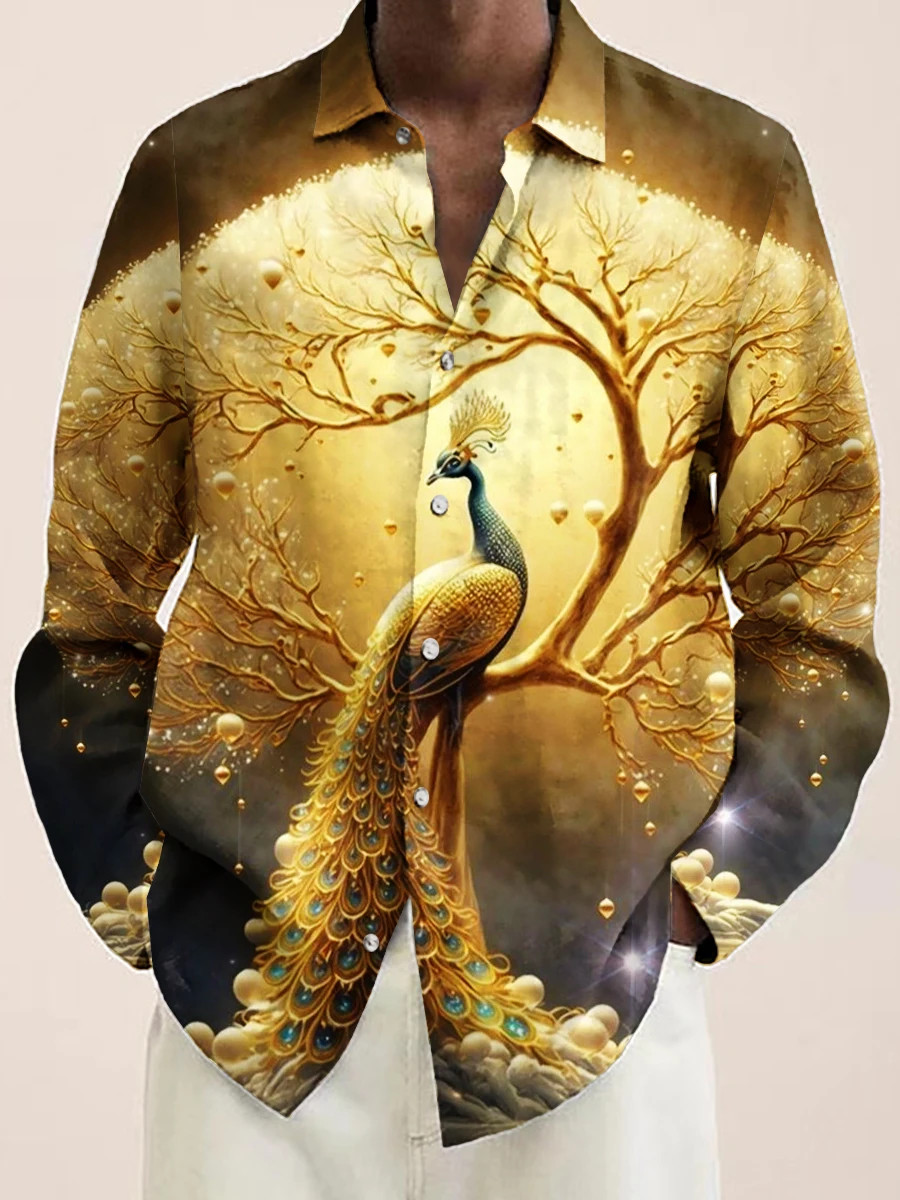 Button Down Shirt Men Peacock Feather Design Luxury Long Sleeve Button Tops