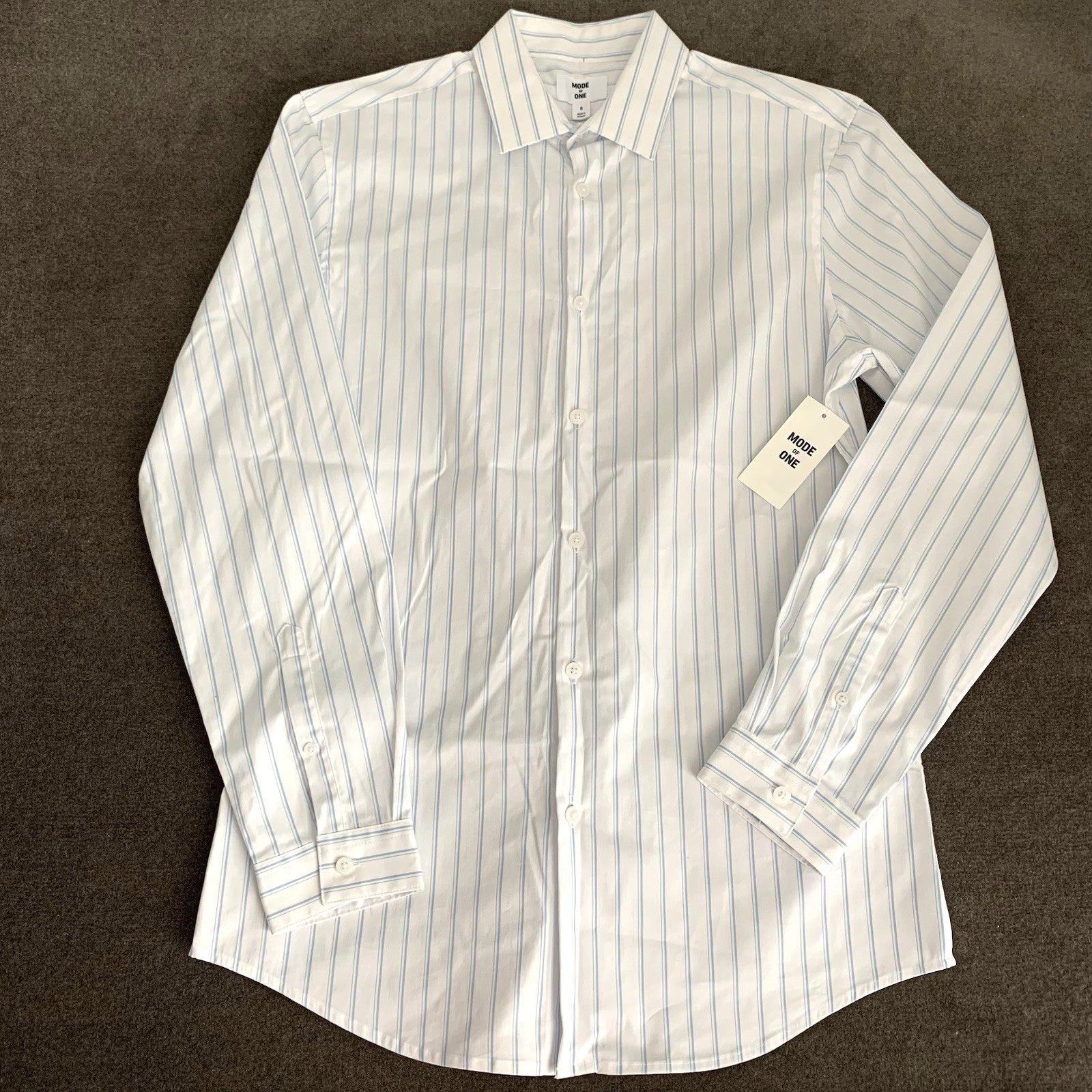 Mode of One Mens Large Slim-Fit Button-Down Sport Dress Shirt Striped White/Blue