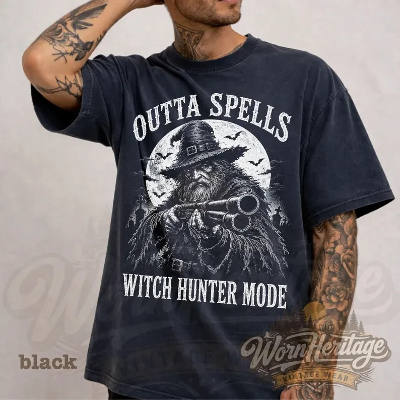 Outta Spells Witch Hunter Mode Shirt, Halloween Wizard Gun Graphic Tee
