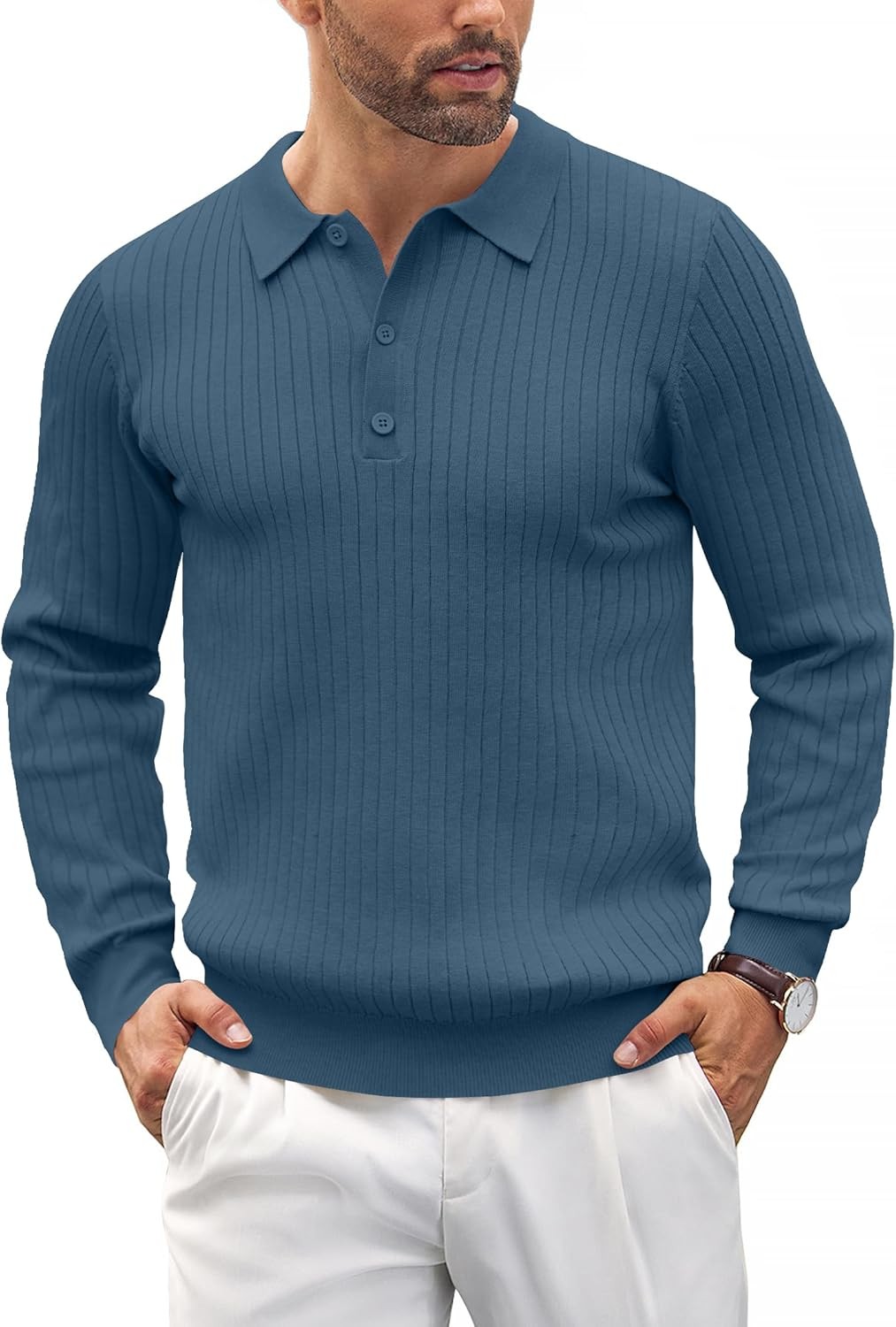 Men’s Button Down COOFANDY Mens Knit Polo Shirts Long Sleeve Collar Ribbed Denim