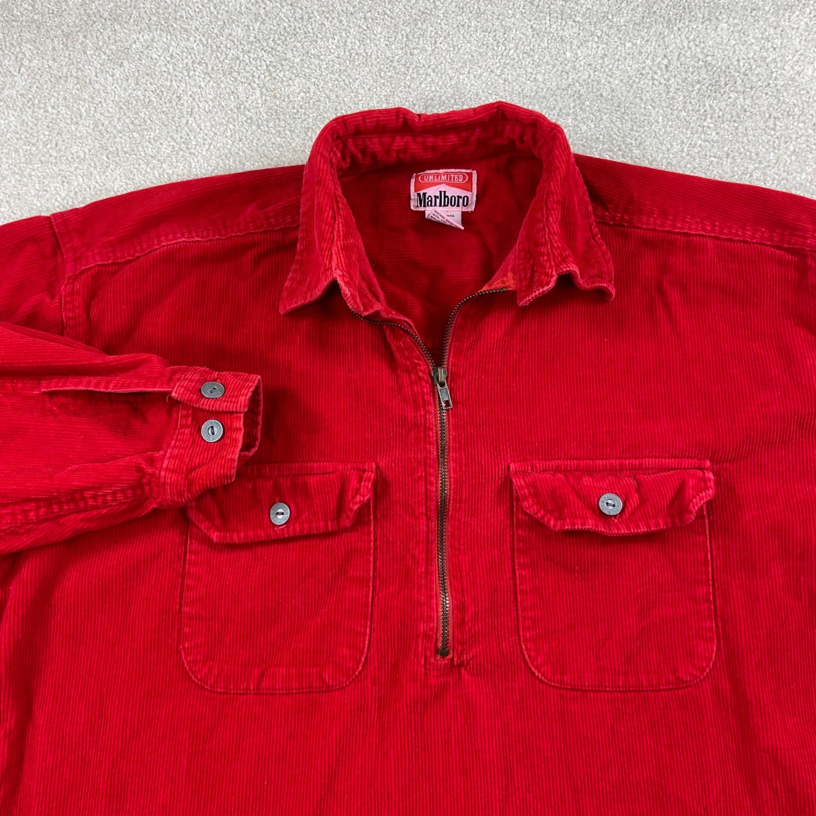 Vintage Marlboro Unlimited Pullover Mens Small Red Corduroy Quarter Zip Shirt