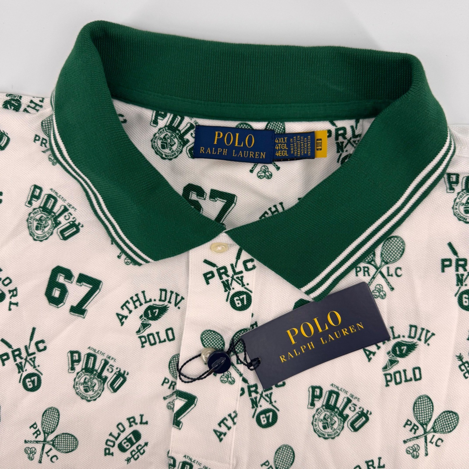 Polo Ralph Lauren Polo Men 4XLT White Green All Over Tennis Print Athletic Mesh