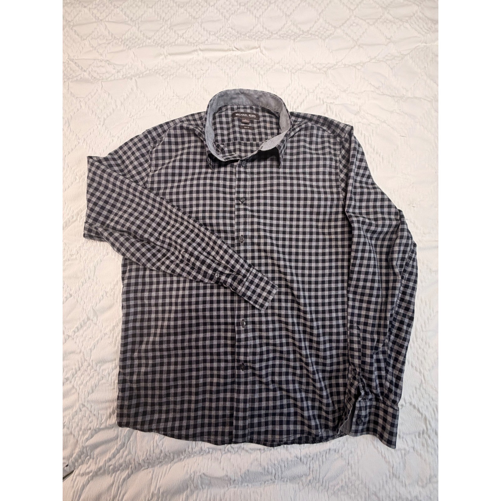 Michael Kors Mens Slim Fit Gingham Button Down Navy Grey Large L Long Sleeve