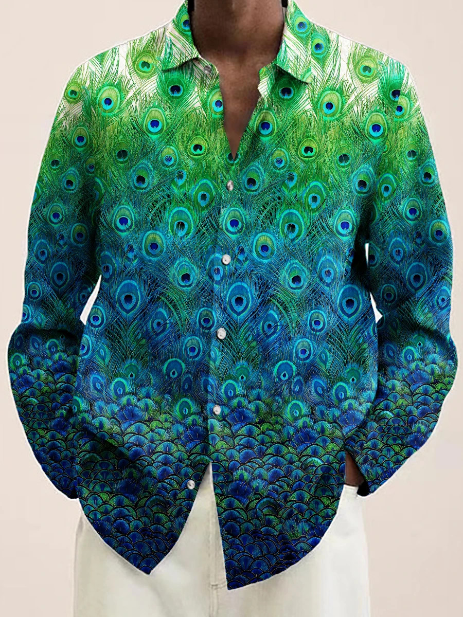 Button Down Shirt Men Peacock Feather Design Luxury Long Sleeve Button Tops