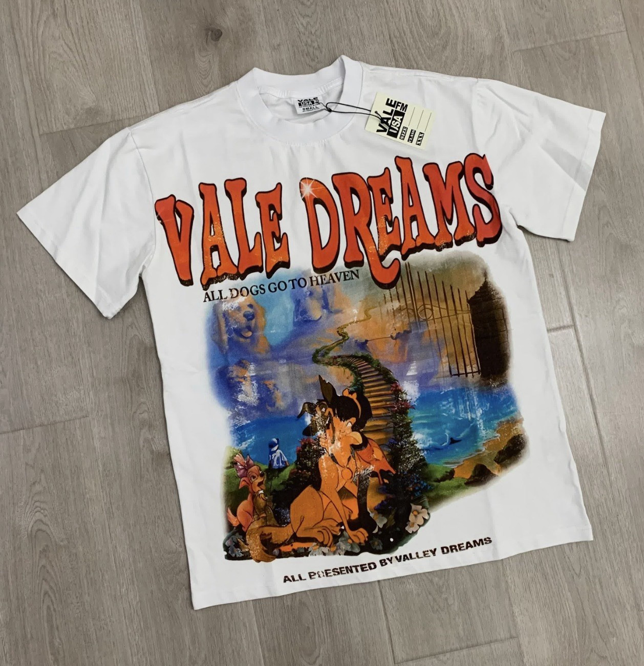Valley Dreams Men’s S White Cotton Graphic Tee All Dogs Go to Heaven Crew
