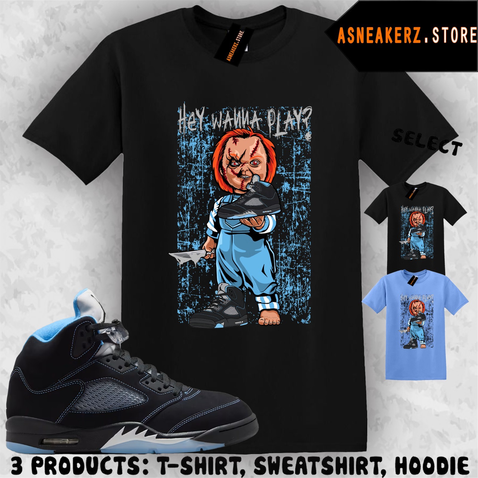 Shirt Matching AJ 5 Black UNC Blue 2026 Match Sneaker Sneakerhead Chucky T-Shirt