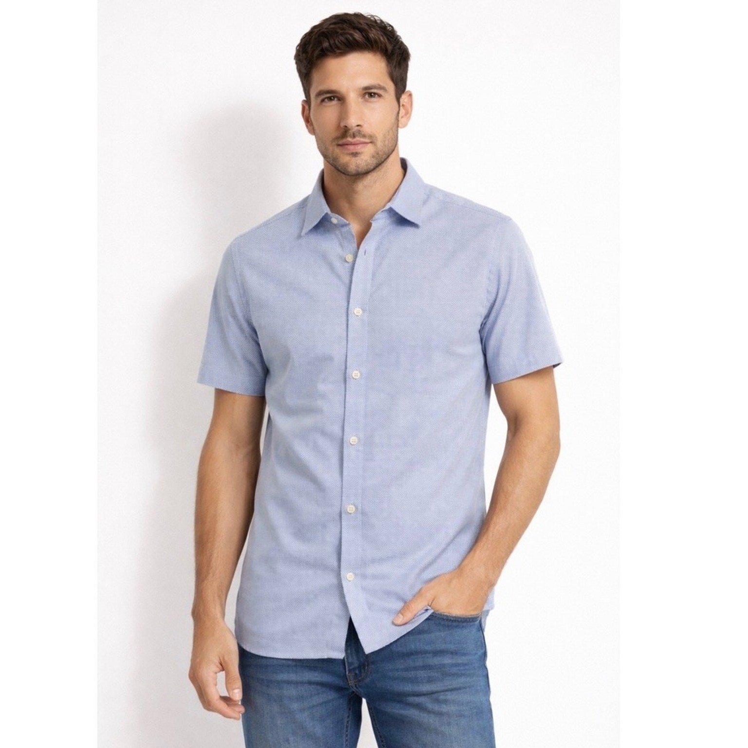 ZARA Shirt Mens Medium Slim Fit Short Sleeve Light Blue Textured Pattern