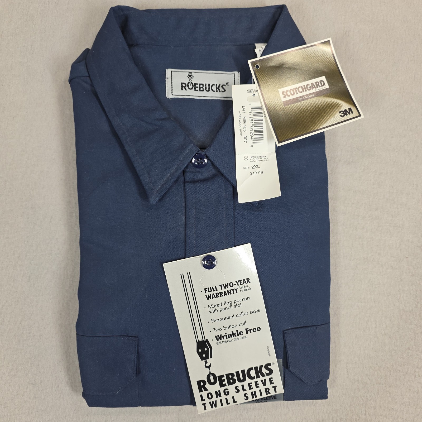 Sears Roebuck Long Sleeve Twill Work Shirt Men’s 2XL Blue Scotchgard Work Wear