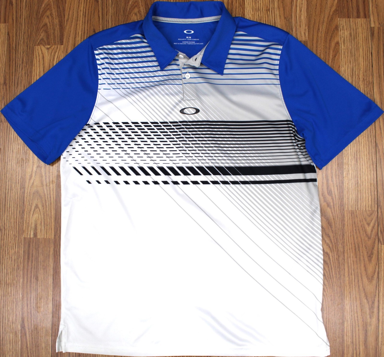 OAKLEY REGULAR FIT POLO/GOLF SHIRT POLYESTER BLUE, WHITE & BLACK Sz MEDIUM, M