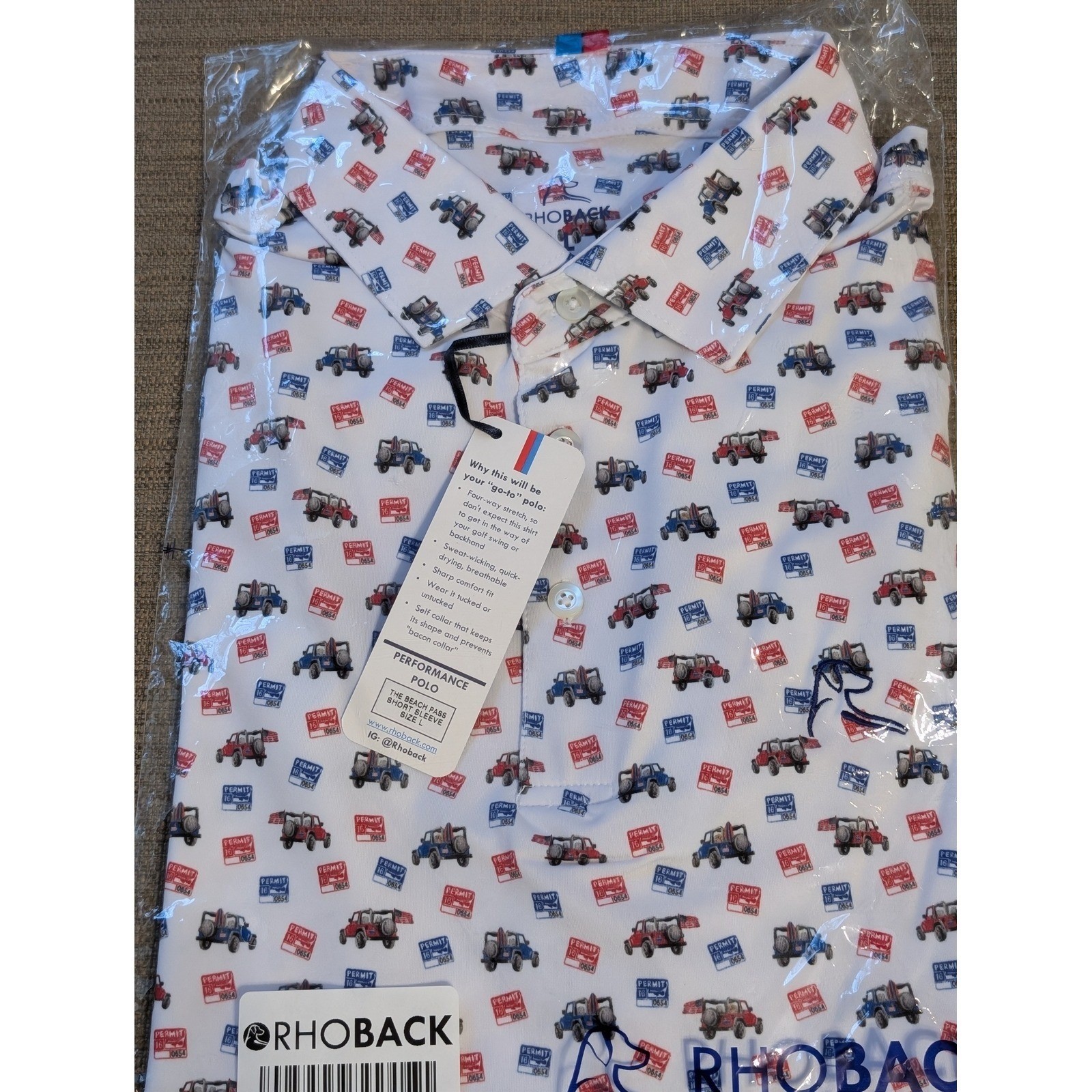 NWT Rhoback The Beach Pass Performance Polo Mens Medium White Jeep Beach Permit