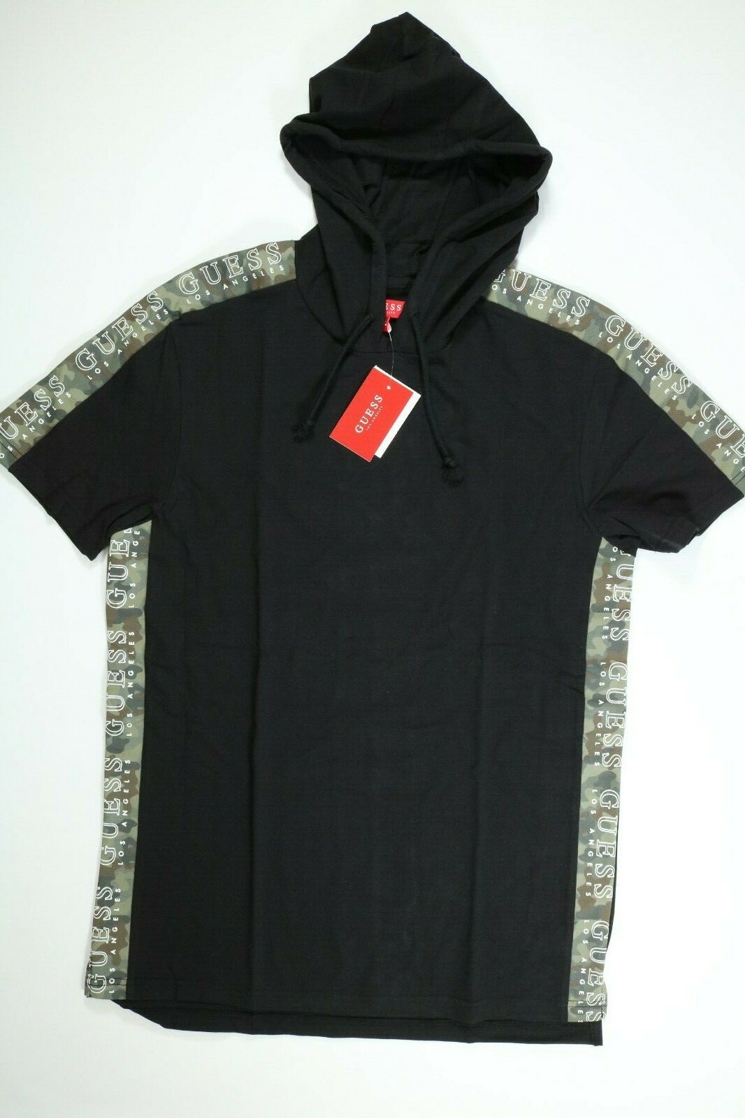 Men’s Guess Jet Black Camo Trim Short Sleeve Hooded Knit T-Shirt NEW! NWT