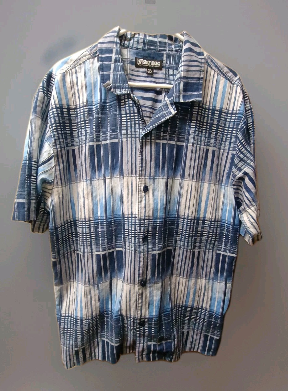 Stacy Adams Mens Linen Cotton Blend Button Blue White Shirt Sz XXL Machine Wash