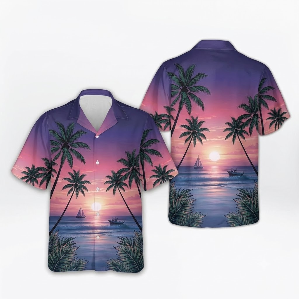 Tropical Sunset Palm Tree Beach Cruise Summer Aloha Hawaiian Shirt