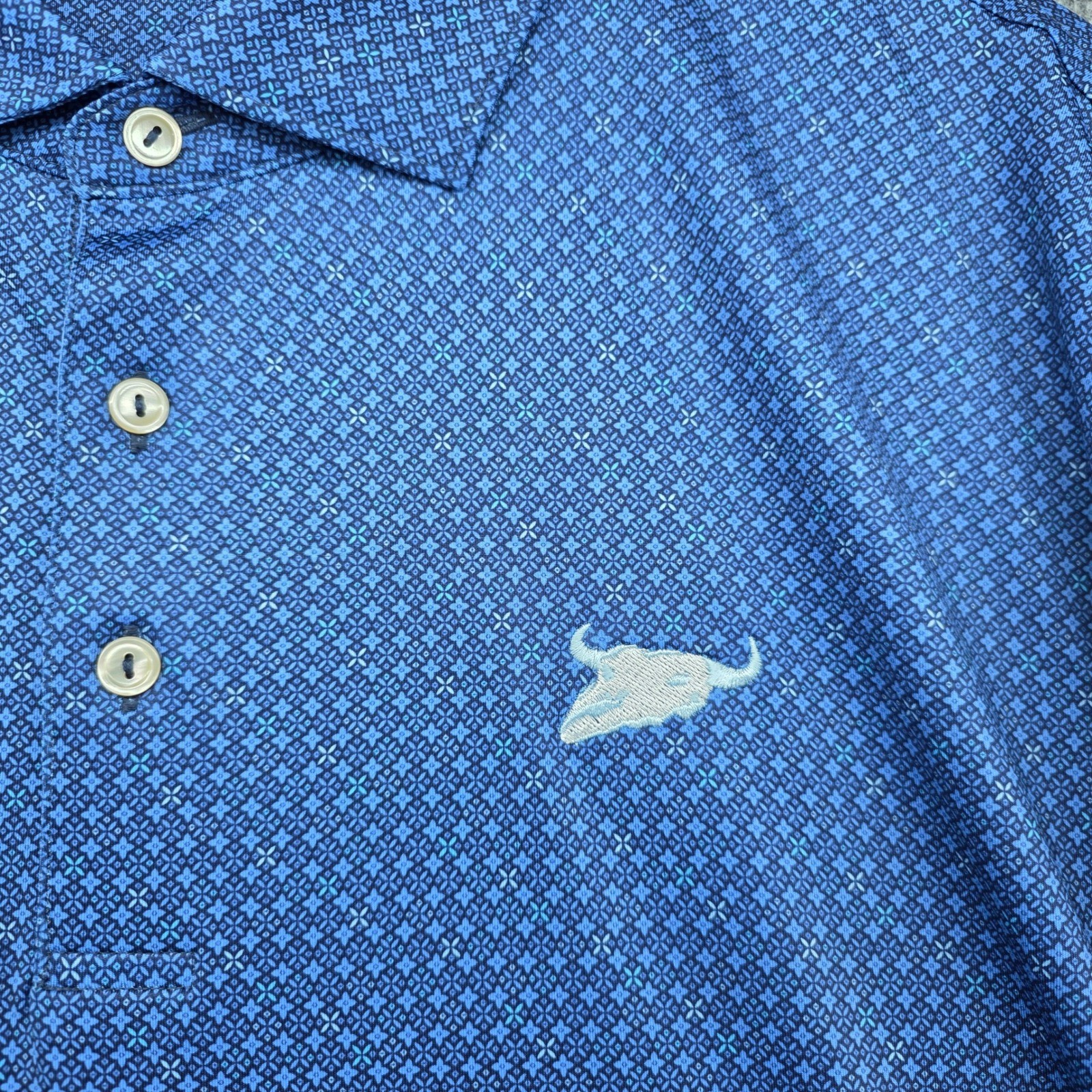 Peter Millar Summer Comfort Blue Geometric Polo Shirt XXL Longhorn Skull Mens